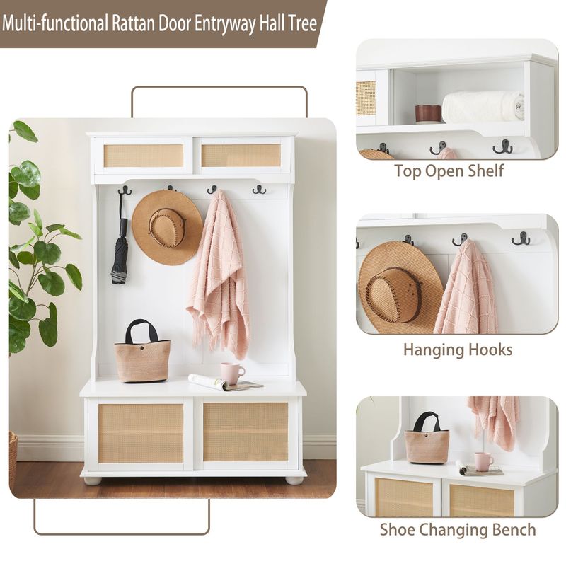 Clothes Hanger Hall Tree Storage Bench Shoe Rack For Entryway, Hall Tree With Bench And Shoe Storage, Hall Tree Entryway Bench With Rattan Door White, 40.16"W*18.58"D*64.17"H_voghion.com