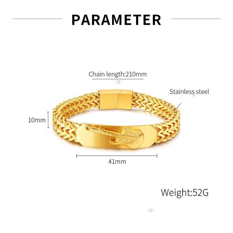 Divatos rozsdamentes acél dizájn, háromdimenziós gitár, aranyozott férfi karkötő_voghion.com