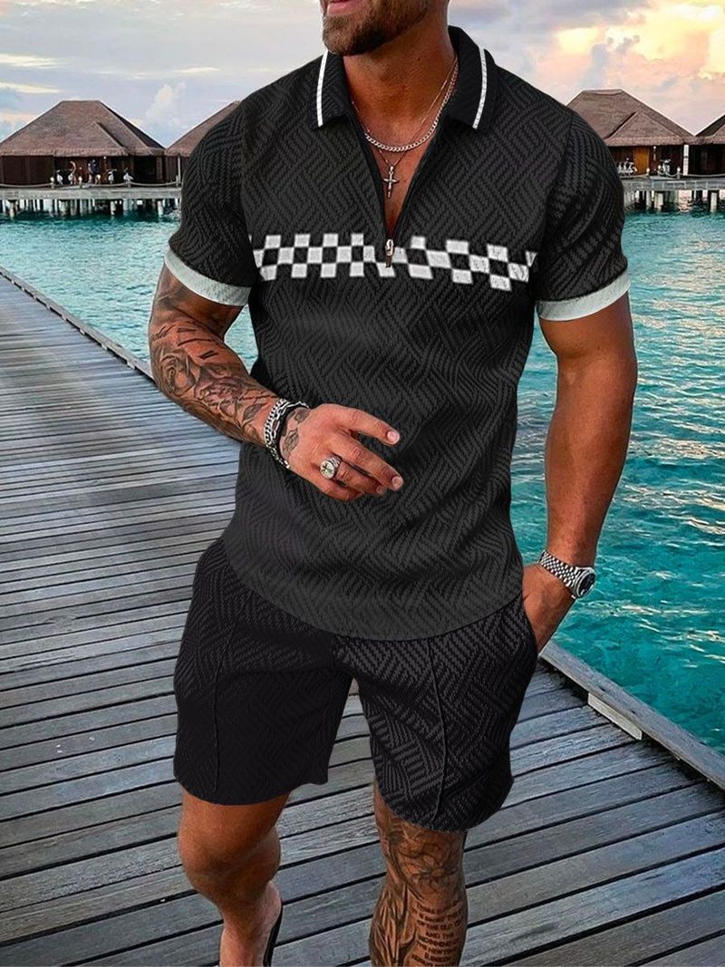 Ensemble 2 pièces décontracté pour hommes, polo à manches courtes et short avec fermeture éclair imprimée en 3D_voghion.com