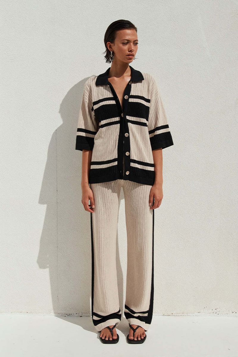Women's Clothing Summer New Women's Clothing Fashion Hollow Striped Shirt Trousers Suit Knitted Two Piece Suit_voghion.com