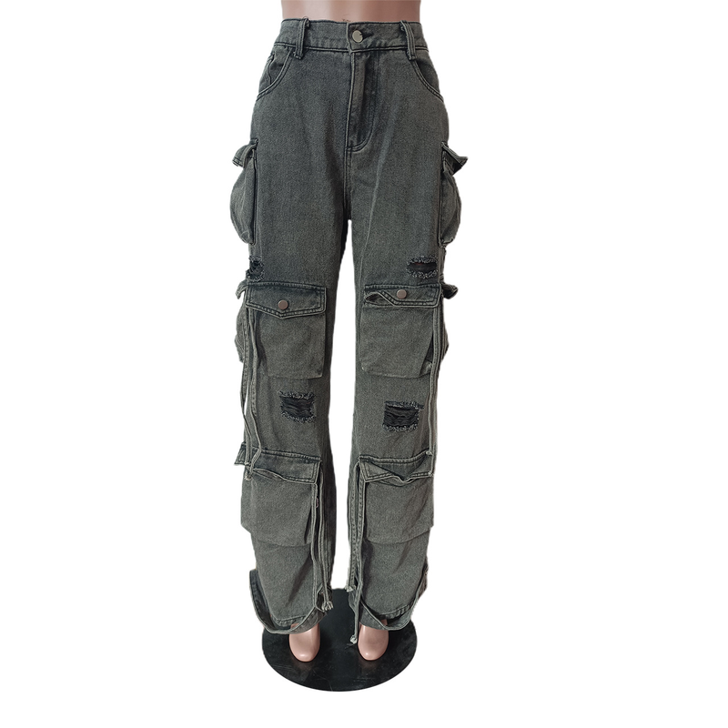 Damenbekleidung Neue dreidimensionale Denimhose mit mehreren Taschen_voghion.com