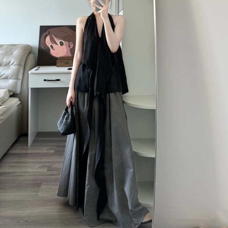New French Style Halter Neck Ribbon Vest Top Women's Summer Slimming Long Skirt Two-Piece Set_voghion.com