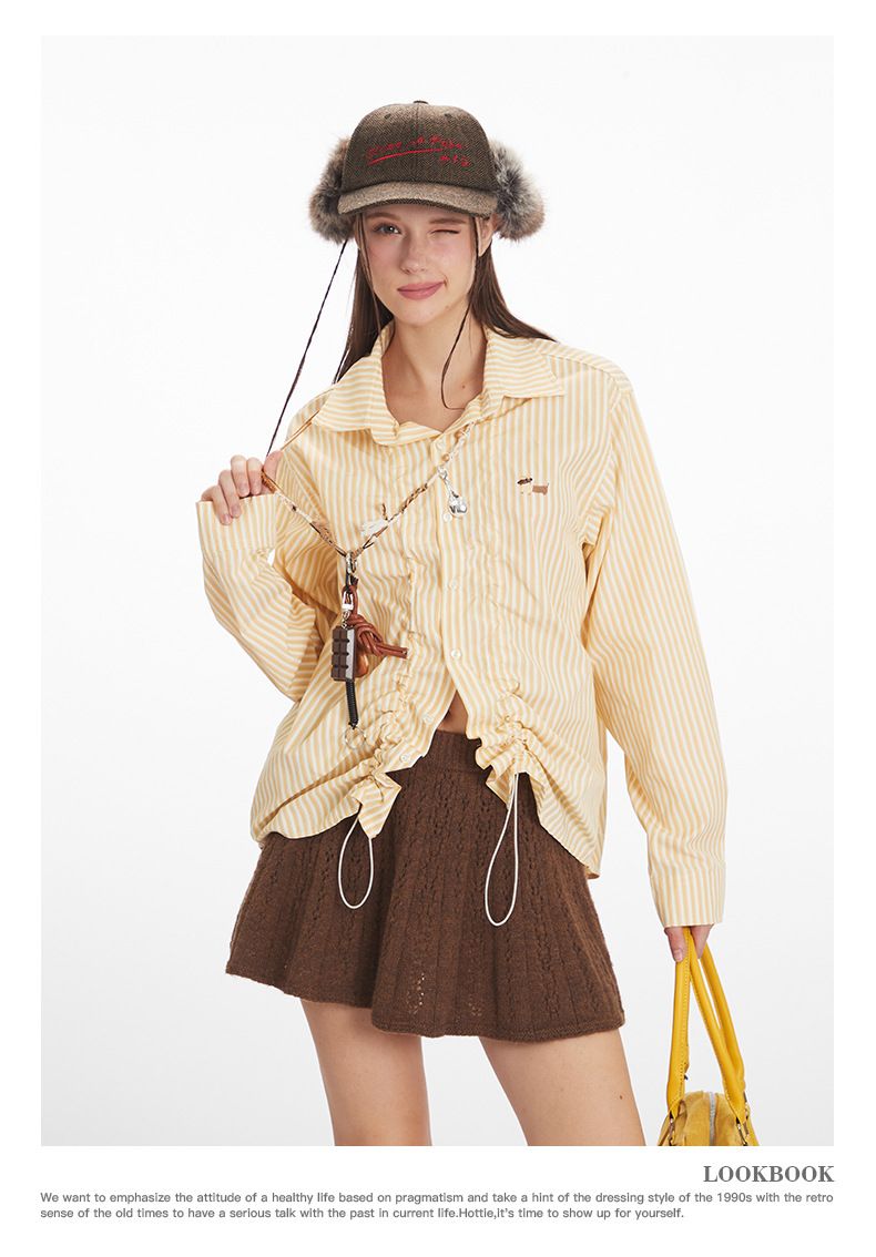 Ropa de mujer Camisa de rayas con volantes para mujer - Blusa extragrande de manga larga con botones_voghion.com