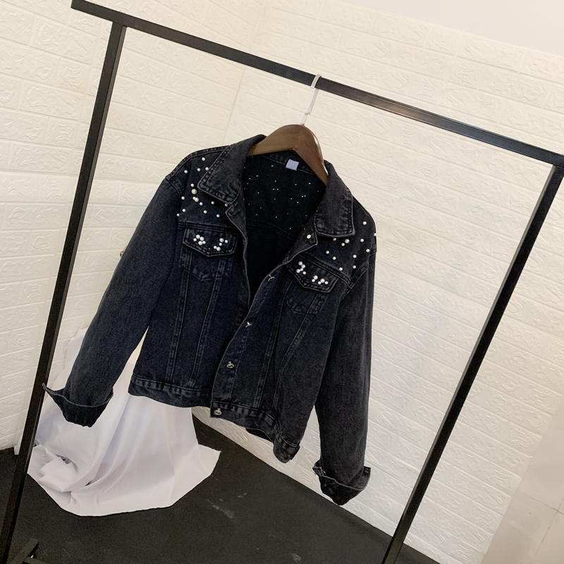 Chaqueta vaquera de manga larga para mujer, chaqueta vaquera holgada con botones y perlas, solapa corta, informal salvaje, entrega rápida, novedad de otoño de 2023_voghion.com