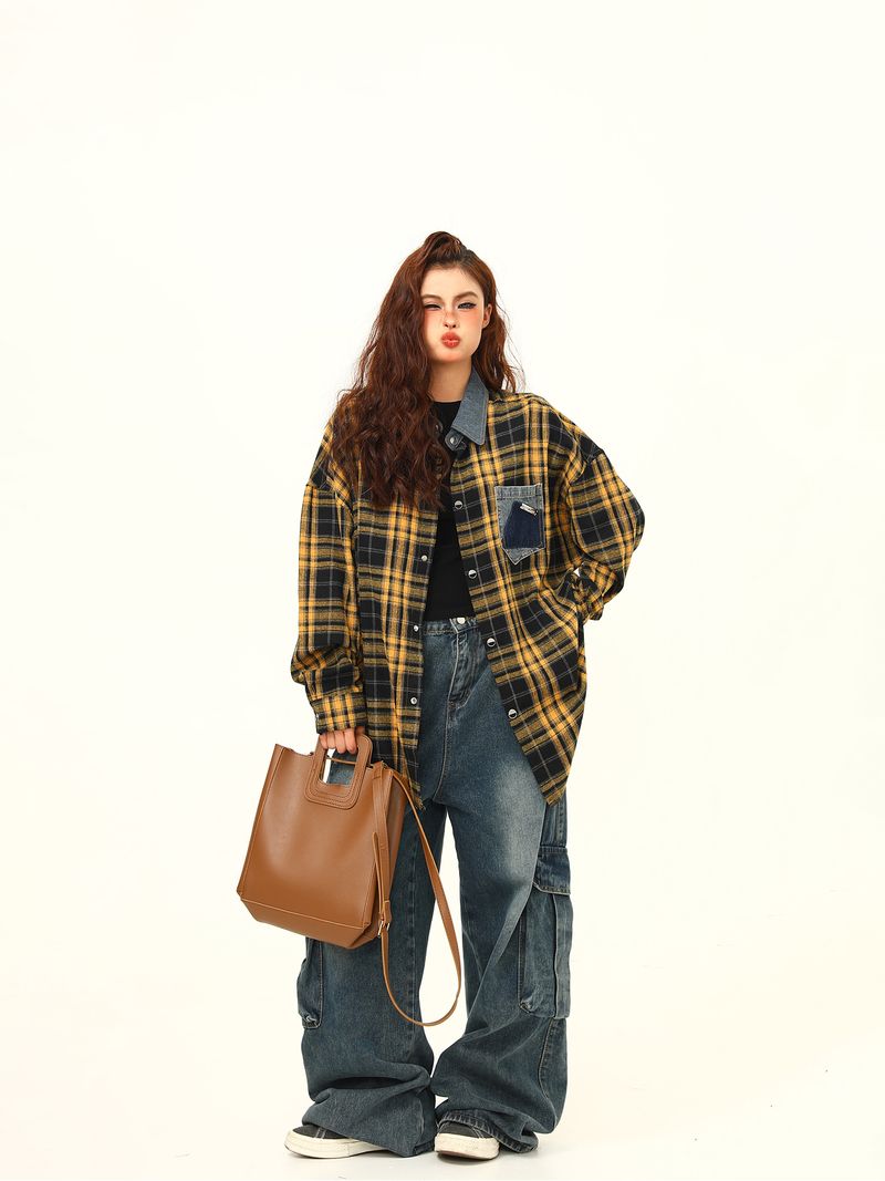 Camicia a quadri gialla a quadri Wild Azi, vestibilità ampia e versatile, per l'inizio dell'autunno, da donna, di alta qualità_voghion.com
