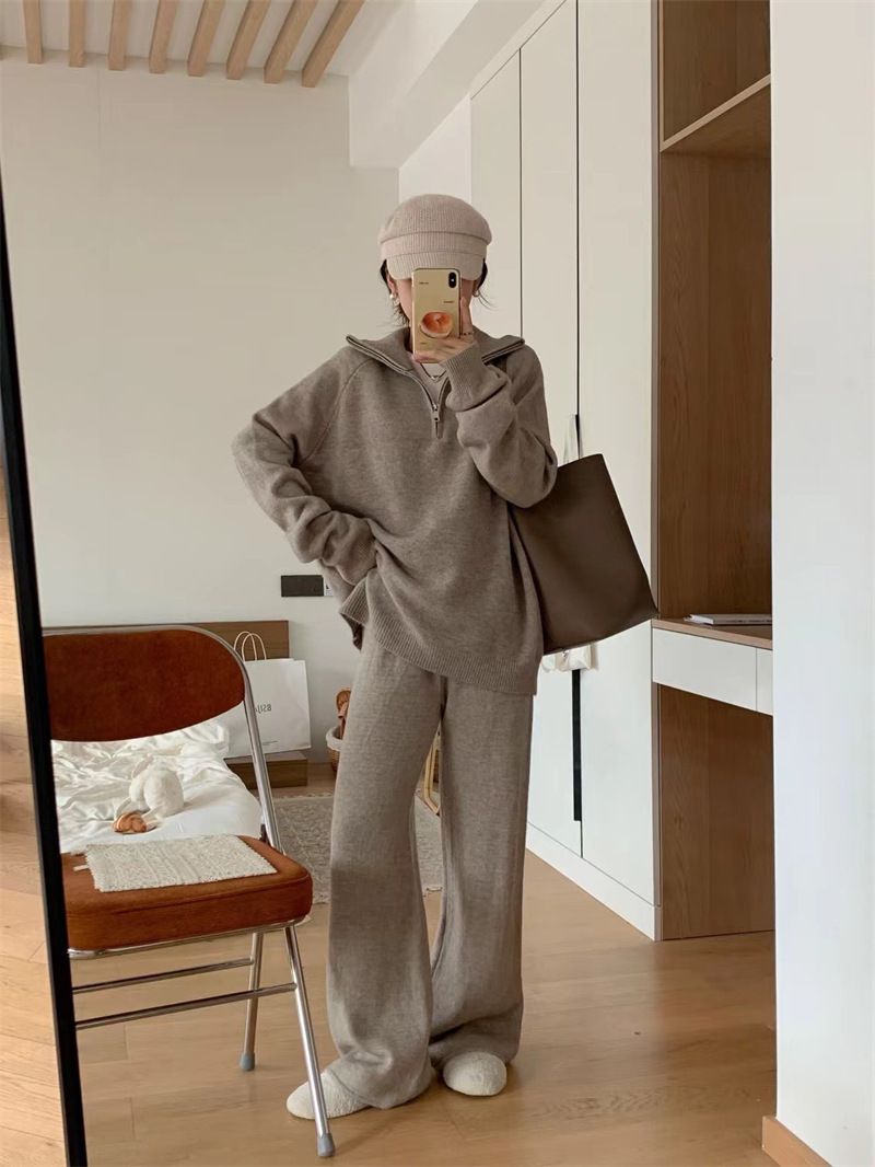 Vestito in stile delicato al latte, maglione pullover largo da donna, pantaloni larghi a gamba larga, casual, autunno e inverno, set in due pezzi lavorato a maglia_voghion.com