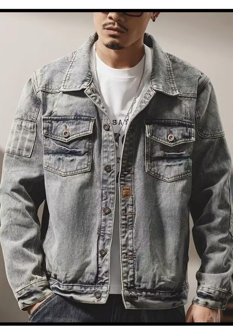 Herrenbekleidung Vintage Washed Denim Jacke – Übergroßer Arbeitsmantel für Männer (Sandstein, M-XXXL) Verkaufsschlager_voghion.com