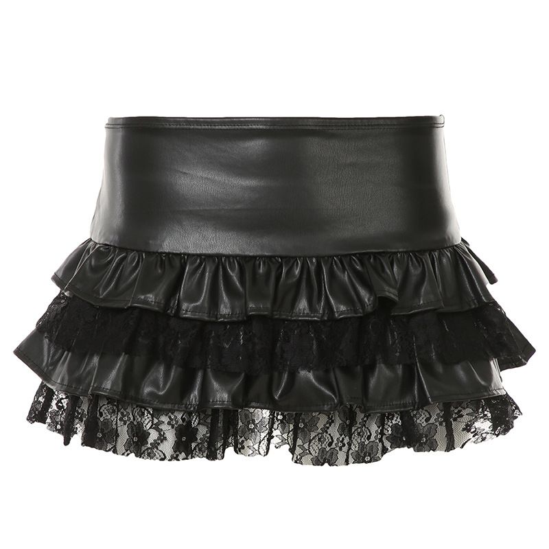 Y2K Spicy Girl Punk Style Lace Splicing Leather Cake Street Design Sense Short Half Length Skirt_voghion.com