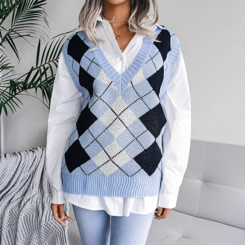 Vêtements pour femmes automne et hiver style collégial losange col en v décontracté gilet tricoté ample pull vêtements pour femmes_voghion.com