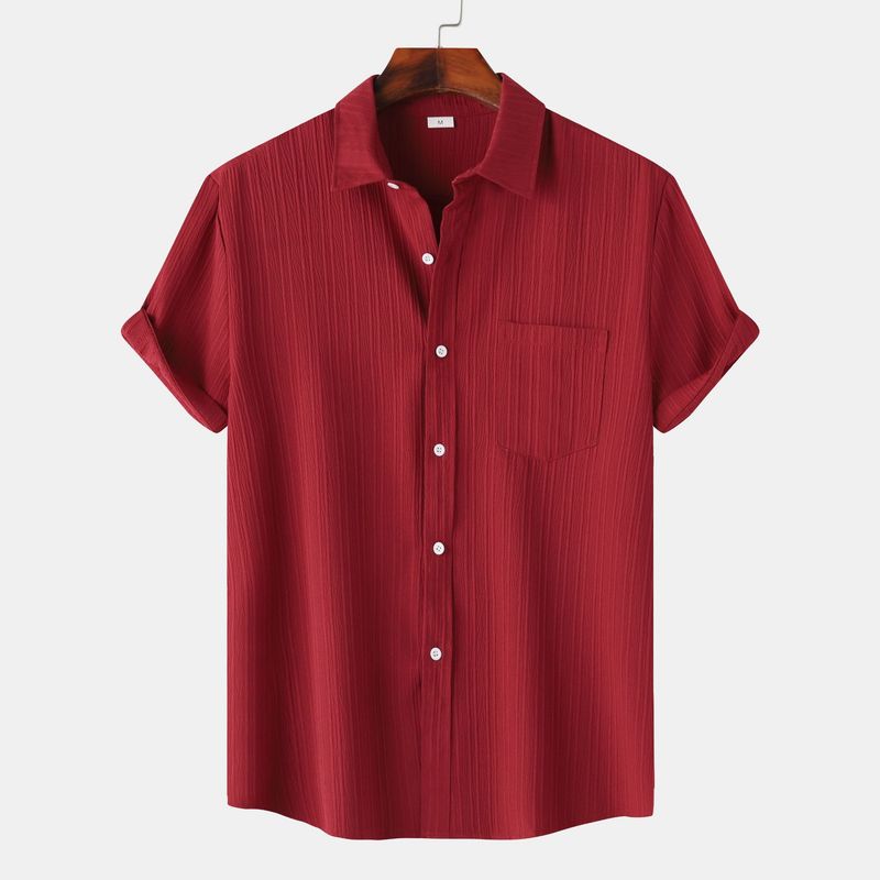 Goods 2024 summer new solid color lapel short sleeved shirt men's_voghion.com