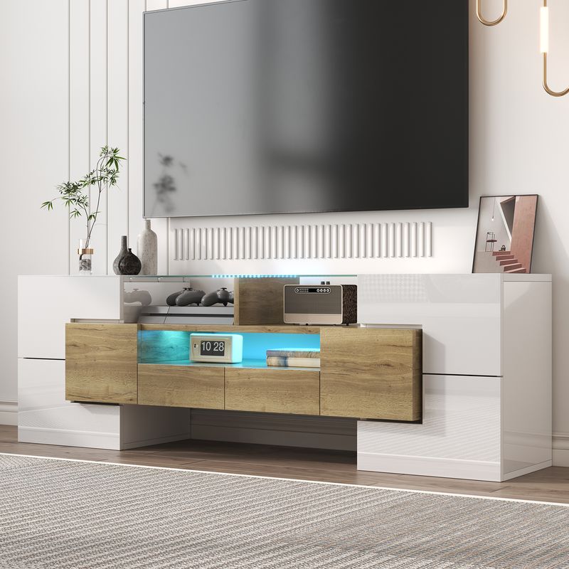 Meuble TV moderne, buffet bas blanc brillant de 145 cm avec éclairage LED, surface en verre élégante, mobilier de salon contemporain_voghion.com