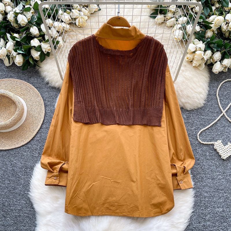 Oversized Shirt & Knit Shawl Two-Piece Set - Loose Fit Long Sleeve Blouse With Layered Chic_voghion.com