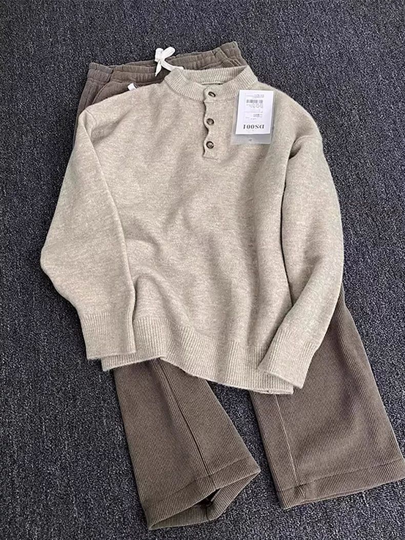 Maglione polo da uomo con colletto Henry americano, stile casual, autunno inverno, di alta qualità, con strato interno lavorato a maglia_voghion.com