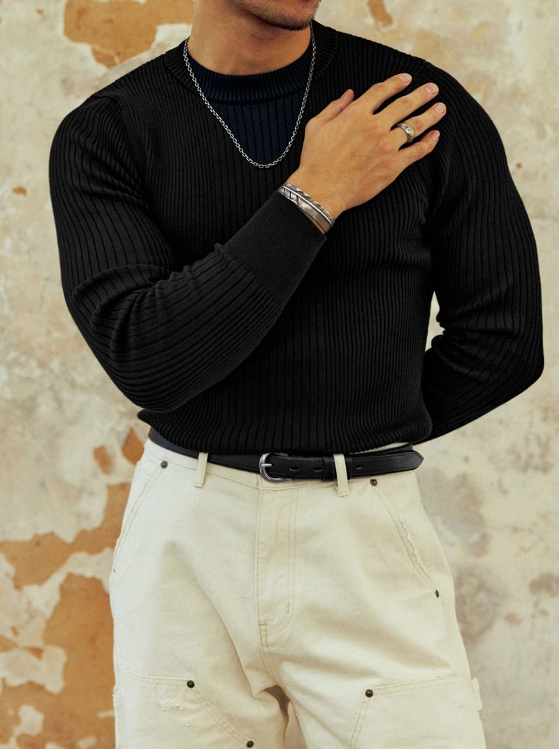 "Slim Fit Knit Thermal Long Sleeve T-Shirt – Stretchable Base Layer For Men In Black/Off-White (M-XXXL)"_voghion.com