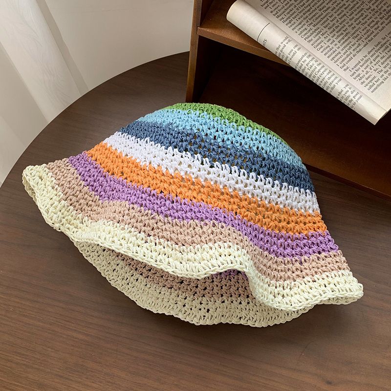 Moda Hyun Ya Feng Arcobaleno Erba Intrecciata Pescatore per Donna Estate Traspirante Parasole e Cappello da Pescatore con Protezione Solare Edizione Coreana_voghion.com