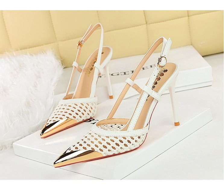 Hollow Woven Stiletto Sandals Women's High-end Metal Pointed One-word Strap High Heels_voghion.com