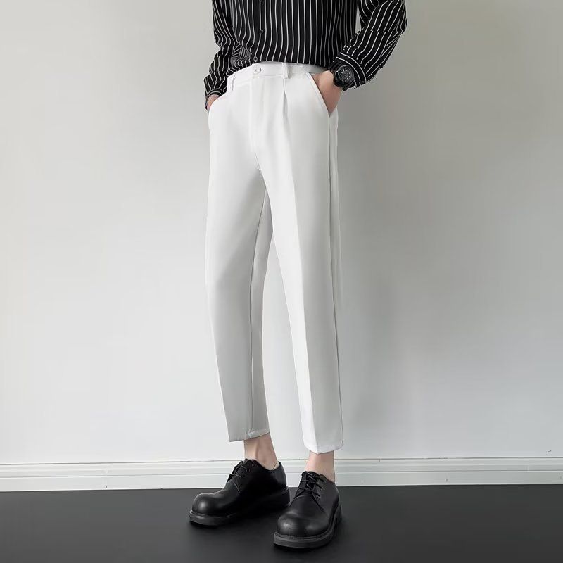 Pantalones de traje nuevos de verano para hombres, pantalones holgados y drapeados, pantalones de pierna recta de estilo maduro ligero de versión coreana, pantalones de traje casuales de color sólido_voghion.com