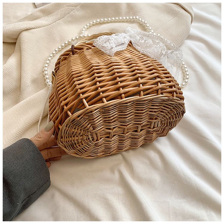 Borsa di paglia Borsa intrecciata Borsa da spiaggia Fairy Borsa di paglia per le vacanze Borsa da donna in rattan Borsa a tracolla con catena di perle Intreccio_voghion.com
