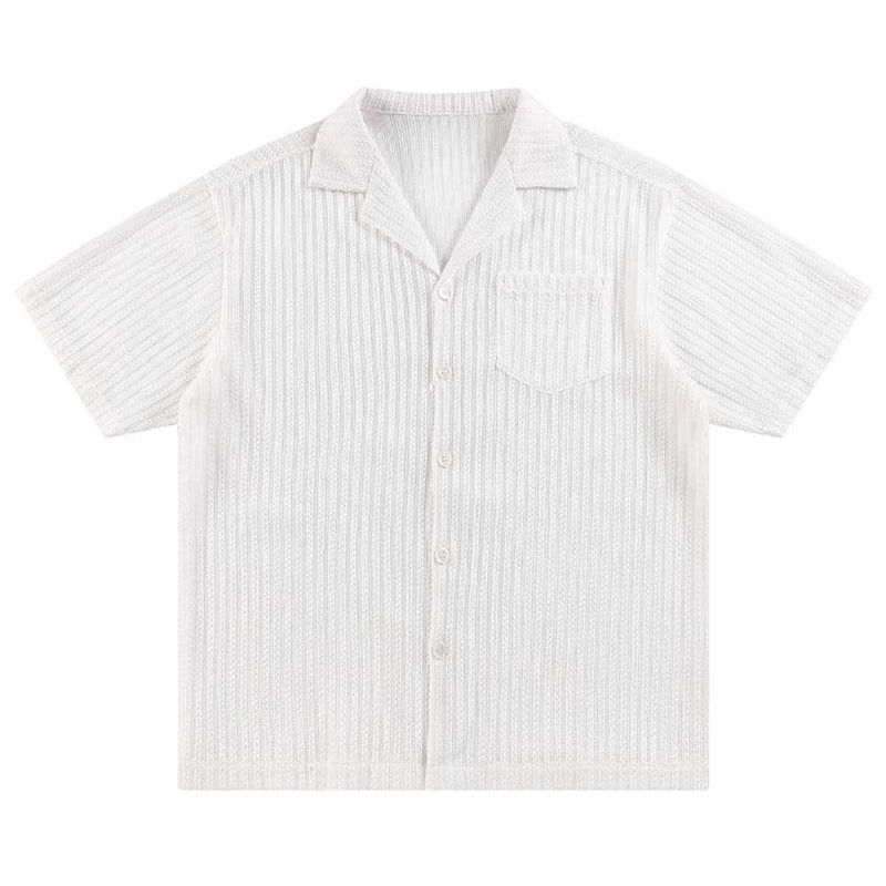 Ropa para hombre, camisa informal de verano con cuello cubano y rayas verticales de jacquard de color liso de moda urbana para hombre_voghion.com