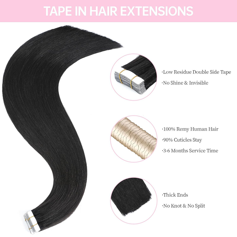 Glattes, natürliches Echthaar, selbstklebende Tape-In-Extensions, unsichtbar, 100 % Echthaar, Tape-In-Haarverlängerungen, Farbe Nr. 1_voghion.com