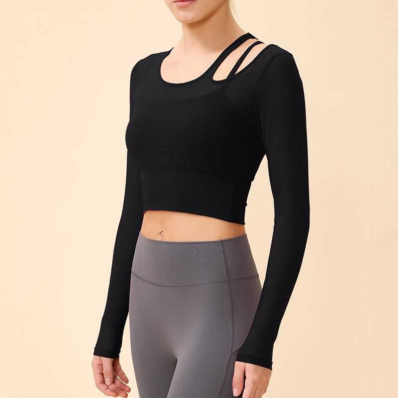 vvcx 2025s Spring Summer New Mesh Two-Piece Yoga Long Sleeve Top Women Single Shoulder Hollow Out Free Two-Way Running Fitness_voghion.com
