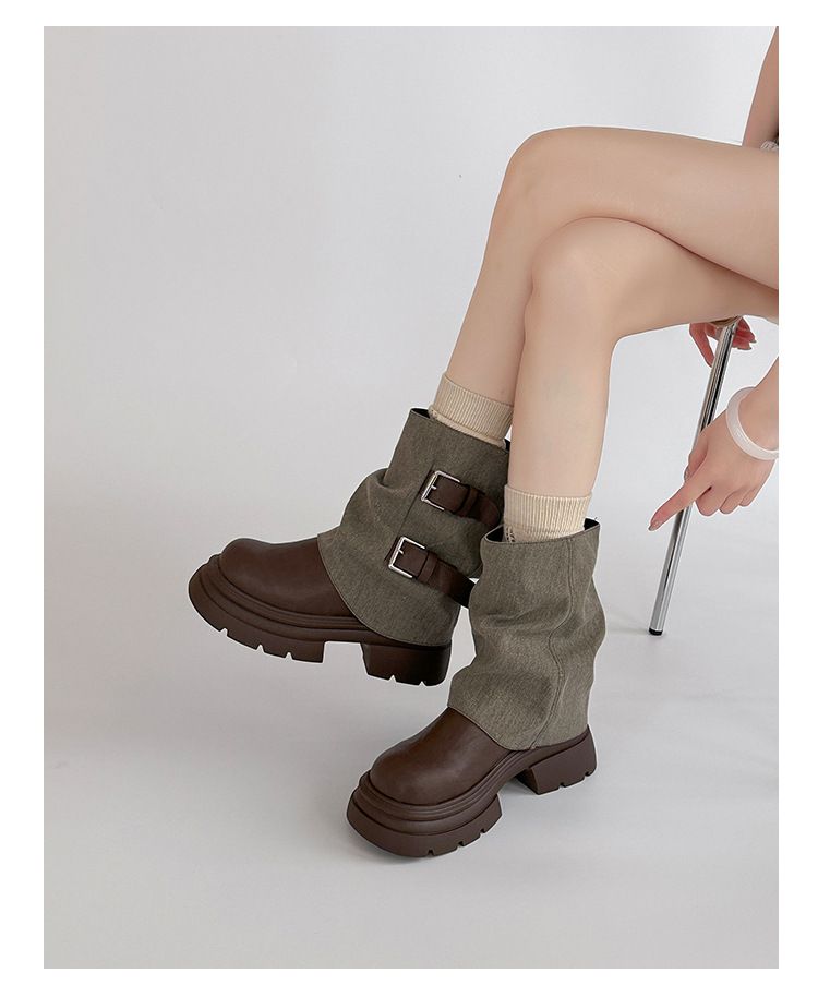 Modische Stiefel mit Schnalle und mittlerer Wade für Damen, Herbst/Winter 2025, neue Martin-Stiefel im Farbblockdesign_voghion.com