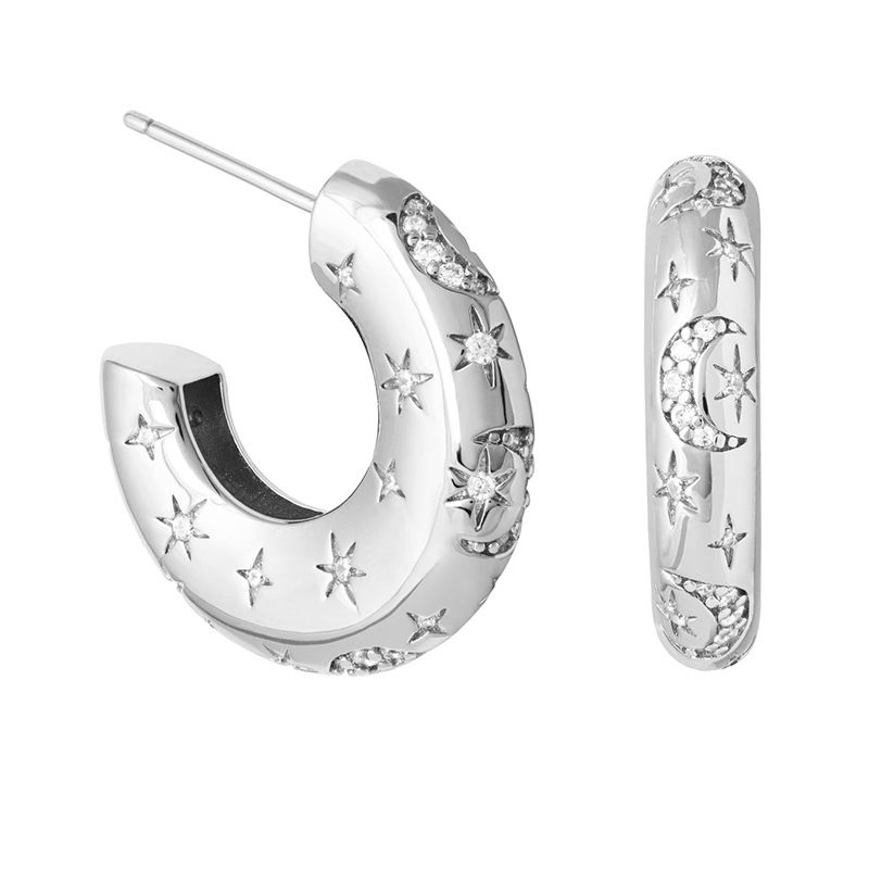 Brincos femininos de prata 925 com luz de agulha, estilo de metal de personalidade luxuosa, zircônia quebrada, formato de C, estrela e lua, brincos de design de nicho_voghion.com