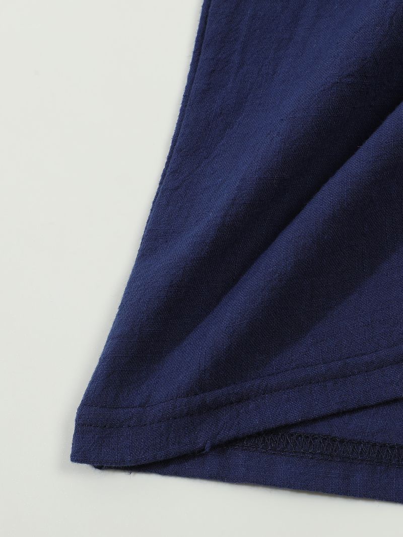 Camicia da uomo a maniche corte in lino e cotone – Collo alto traspirante, vestibilità comoda, casual (S-XXXL, blu navy/bianco/albicocca)_voghion.com