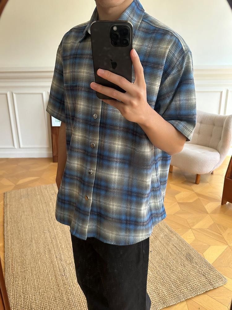 Flanell Blau Kariertes Kurzarmhemd Herren Sommer Kariertes Hemd Jacke_voghion.com