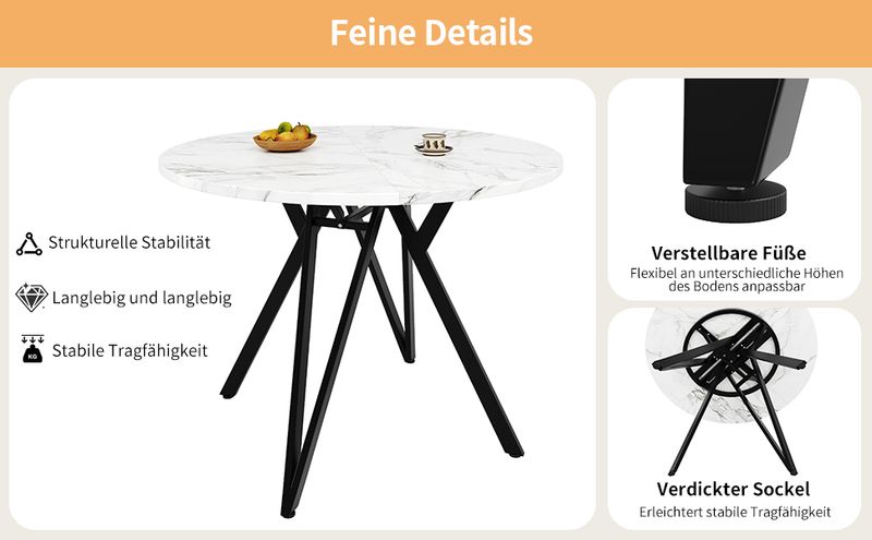 5-teiliges Esstisch-Set Mit Runder Tischplatte (Ø100 Cm), Schwarze Metallbeine, MDF-Marmoroptik, Graue Leinenstühle_voghion.com