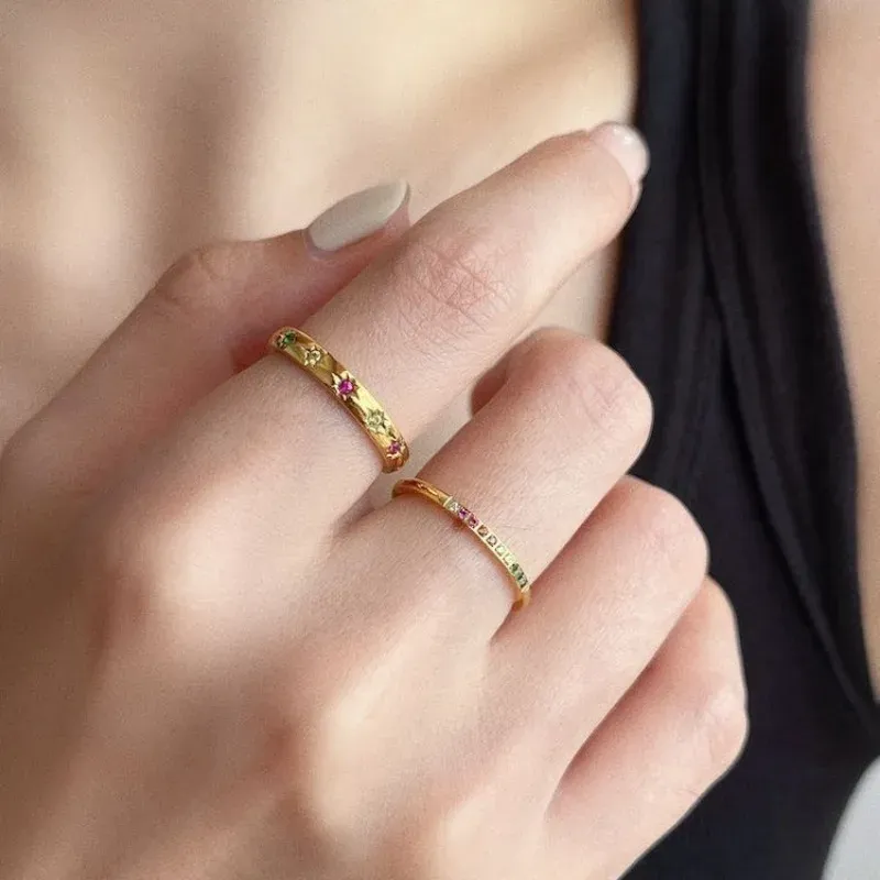 Anello aperto regolabile in metallo vintage con stella arcobaleno e zircone cubico, per donna, colore oro, anelli impilabili, regalo di gioielli_voghion.com