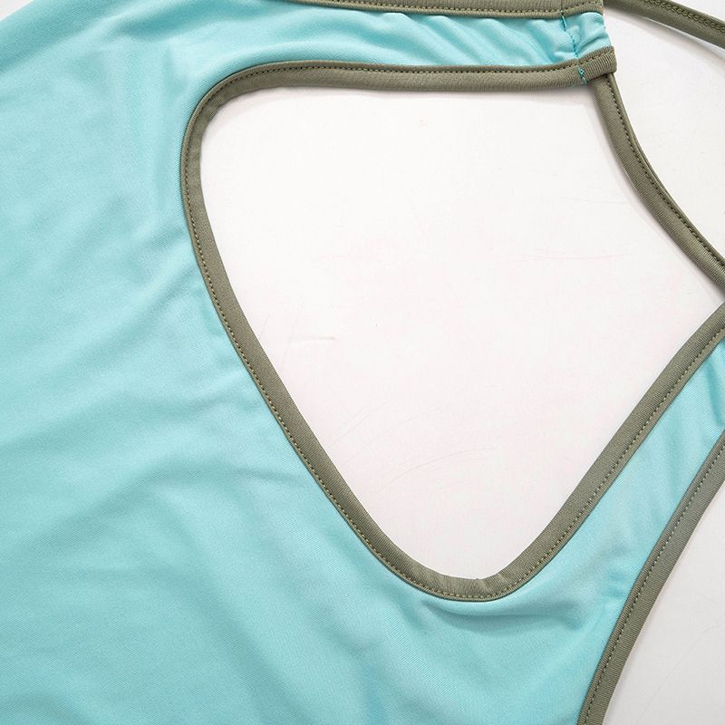 Y23TP088 Women's Summer New Item, Contrasting Color Hanging Neck Tie With Hollow Out Backless Casual Vest Top T-shirt_voghion.com