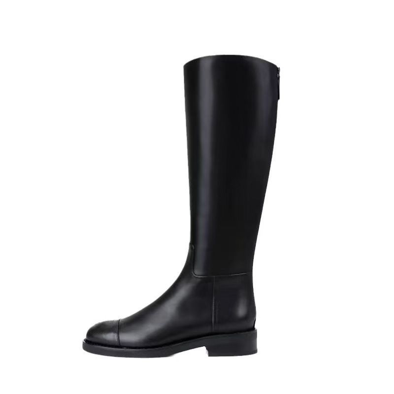 26ss New ChaneI Style Knight Over-the-Knee Long Round Toe Low Slimming High Tube Chunky Heel Back Zipper Women's Boots_voghion.com