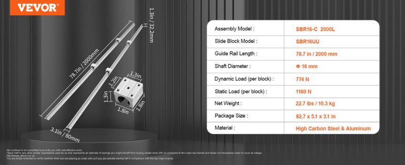 VEVOR Linear Guide Rail Set, SBR16 2000mm, 2 PCS 78.7 in/2000 mm SBR16 Guide Rails and 4 PCS SBR16UU Slide Blocks, Linear Rails and Bearings Kit for A_voghion.com