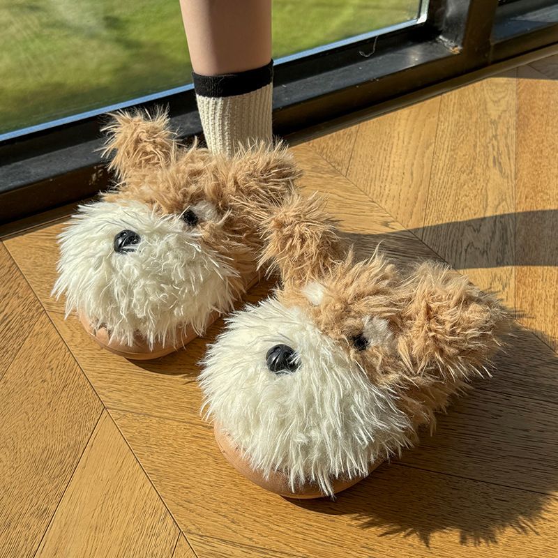 Pantofole autentiche in cotone con stampa di cani scarabocchiati, per ragazze, carine, da interno, per la casa, calde, con suola spessa e pelose._voghion.com