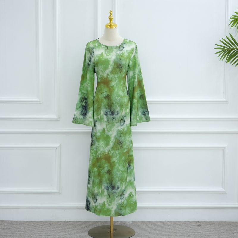 Damenbekleidung Damenkleid mit Blumendruck – Elegantes Langarm-Midikleid mit Fliege, Büro- und Freizeitkleidung (Grün, Gelb, S/M/L/XL)_voghion.com