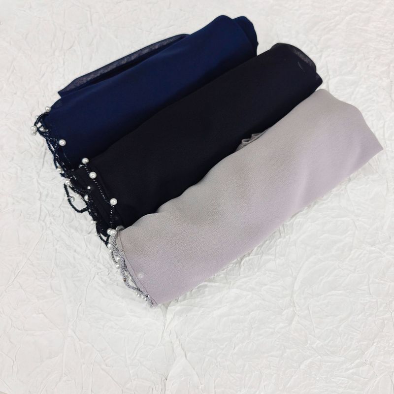 Elegant Chiffon Hijab Scarf With Pearl Beading & Wavy Hem – Lightweight Muslim Head Covering (70x175cm, Breathable, Versatile For Daily Wear)_voghion.com