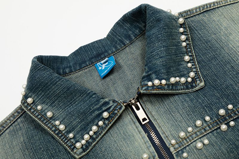 Amerikanischer Stil Perlendesign Abgesteppter gewaschener Denim Unisex Neue lose vielseitige kurze Jacke trendig_voghion.com