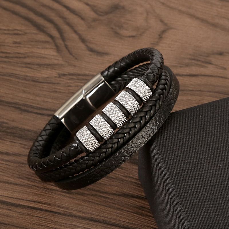 Trendy Creative Doppelschicht Edelstahl Zylinder Rändellederarmband Herren gewebt einfache Hand Seil_voghion.com