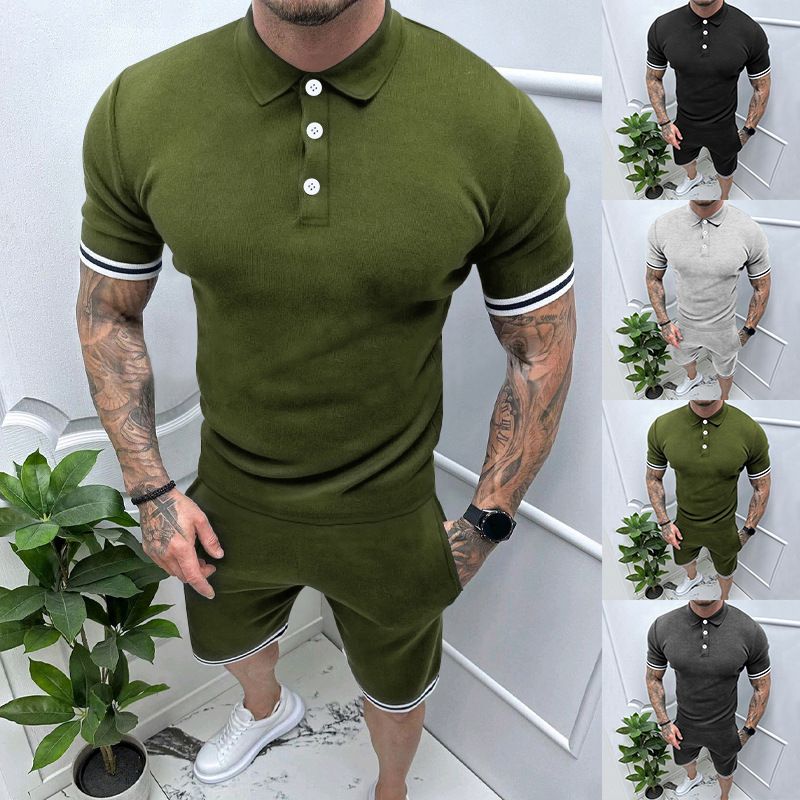 Herrenbekleidung Sommer Herren Kurzarm Shorts Zweiteiliger Revers T-Shirt Anzug Herren_voghion.com