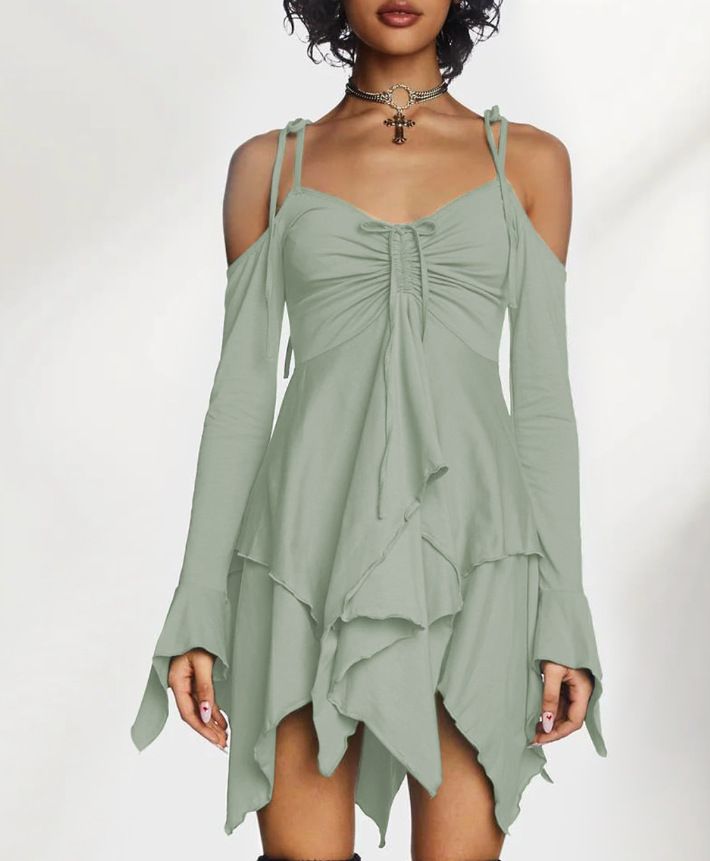 Ropa de mujer estilo gótico sexy de seda color leche, ropa de mujer con hombros descubiertos, manga larga, cintura alta, falda con tirantes y vestido con volantes._voghion.com