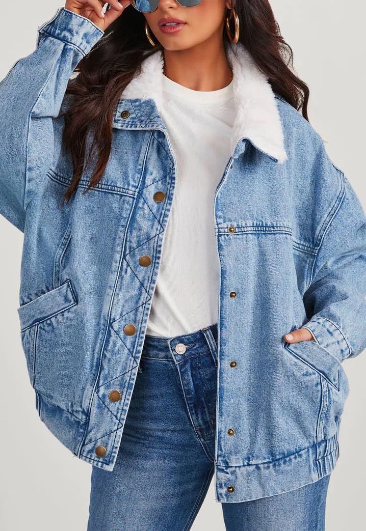 "Damen-Jeansjacke mit Sherpa-Futter – Trucker-Mantel mit abnehmbarem Kunstpelzkragen (S-2XL, Hellblau)"_voghion.com