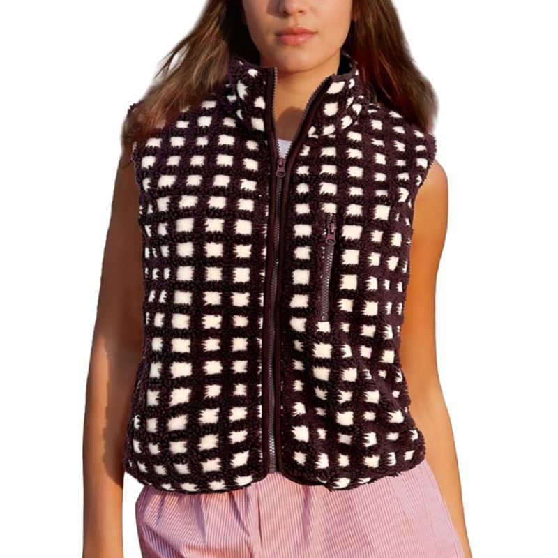 Gilet zippé en polaire gaufrée pour femme, col montant, sans manches, superposition légère et chaude pour l'automne et l'hiver_voghion.com