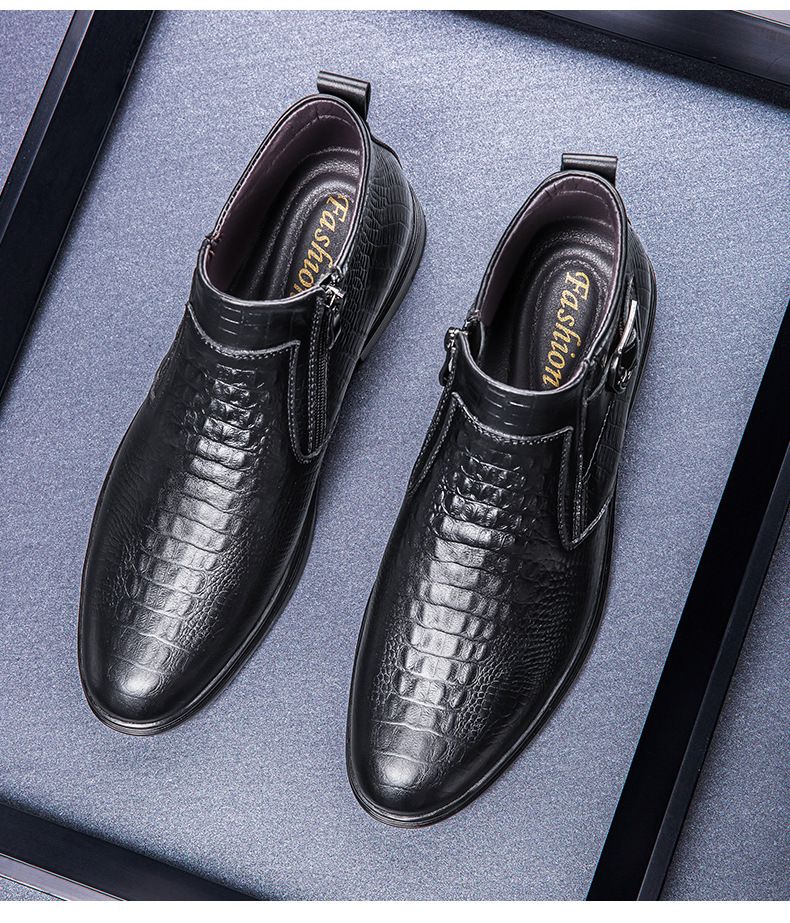 Men's Embossed Crocodile Chelsea Boots Pointed Middle Top Short Boots Wind Martin Boots Men's_voghion.com