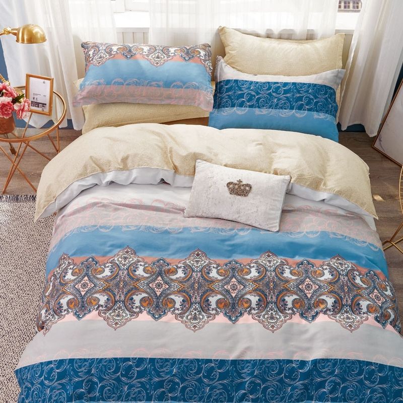 Hannah Blue Damask 100% Cotton 3 pcs Comforter Set _voghion.com