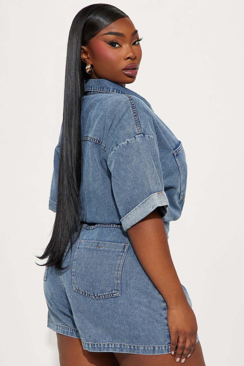 Salopetă din denim spălat, cu mânecă scurtă și elastică, lejeră, pentru femei_voghion.com