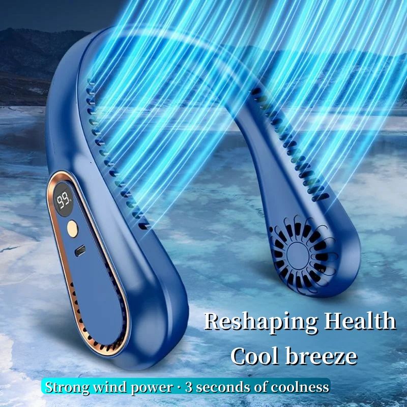 Portable Mini Neckband USB Charging 1200mAh Long Endurance Fan, Digital Display, Turbocharged Cooling Bladeless Fan_voghion.com