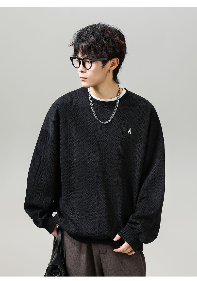 Vintage-inspiriertes Rundhals-Sweatshirt mit Buchstabenstickerei für Herren – Strukturierter Jacquard-Pullover im Retro-Stil mit kontrastierendem Farbdesign_voghion.com