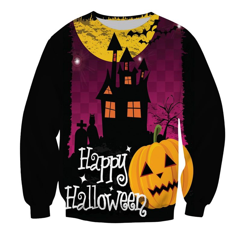 Felpa con cappuccio da uomo con motivo a zucca di Halloween 2025, stampa 3D, girocollo, casual, oversize, con scritta "Happy Halloween"_voghion.com