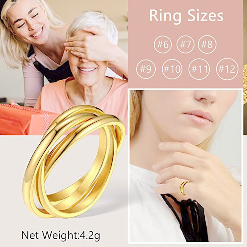 Trizyklischer Fidget-Ring, vergoldet, ineinandergreifender, rollender Angstring für Frauen und Männer, Paare, Hochzeit, Schmuck, Geschenk, Größe 5 bis 13_voghion.com